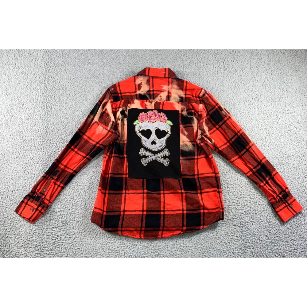 Flannel Shirt Men M Red Black Bleached Sugar Skull Custom Graphic Grunge Edgy‎